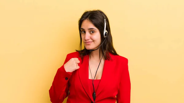Young Hispanic Woman Looking Arrogant Successful Positive Proud Telemarketer Concept — Stock Photo, Image