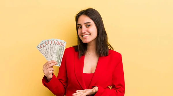 Young Hispanic Woman Smiling Cheerfully Feeling Happy Showing Concept Dollar — Stock Photo, Image