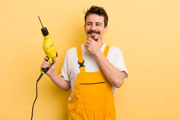 Smiling Happy Confident Expression Hand Chin Handyman Drill Concept — Stock Photo, Image