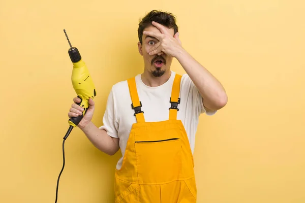 Looking Shocked Scared Terrified Covering Face Hand Handyman Drill Concept — Stock Photo, Image