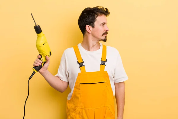Profile View Thinking Imagining Daydreaming Handyman Drill Concept — Stock Photo, Image