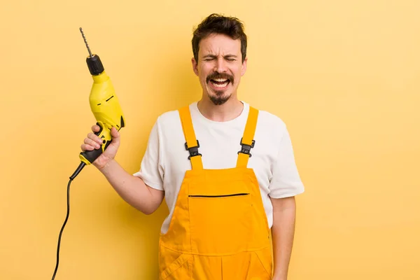 Shouting Aggressively Looking Very Angry Handyman Drill Concept — Stock Photo, Image