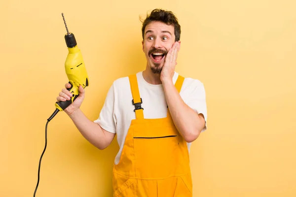 Feeling Happy Excited Surprised Handyman Drill Concept — Stock Photo, Image