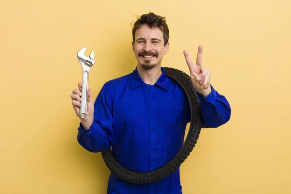 Man Smiling Looking Happy Gesturing Victory Peace Bike Repairman Concept — Stock Photo, Image