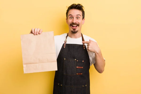 Man Feeling Happy Pointing Self Excited Fast Food Deliver Concept — Stock Photo, Image