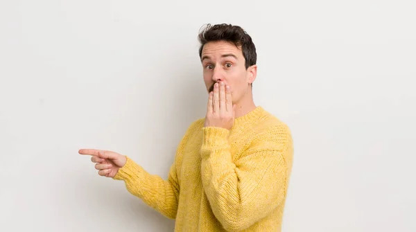 Hispanic Young Man Feeling Happy Shocked Surprised Covering Mouth Hand — Stock Photo, Image