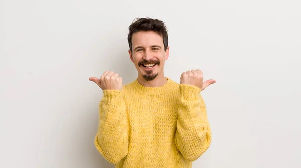 Hispanic Young Man Smiling Joyfully Looking Happy Feeling Carefree Positive — Stock Photo, Image