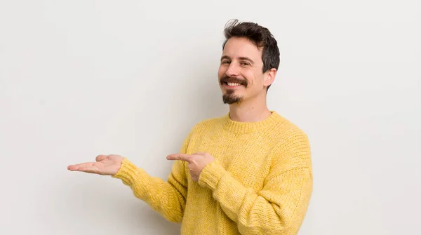 Hispanic Young Man Smiling Feeling Happy Carefree Satisfied Pointing Concept — Stock Photo, Image