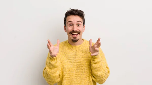 Hispanic Young Man Feeling Happy Astonished Lucky Surprised Saying Omg — Stock Photo, Image