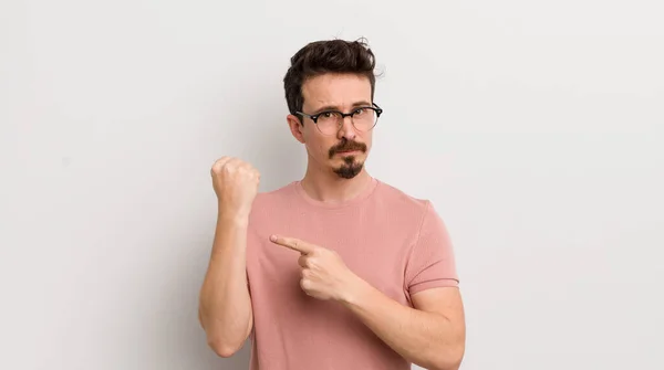 Hispanic Young Man Looking Impatient Angry Pointing Watch Asking Punctuality — Stock Photo, Image