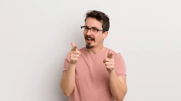 Hispanic Young Man Smiling Positive Successful Happy Attitude Pointing Camera — Stock Photo, Image