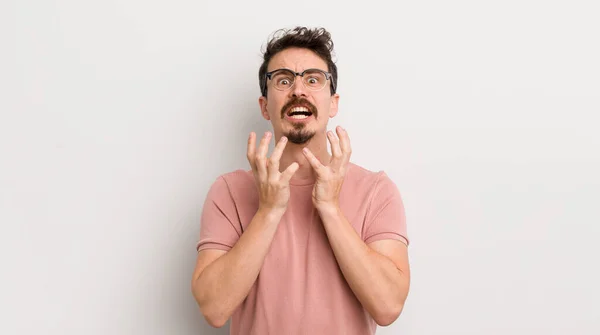 Hispanic Young Man Looking Desperate Frustrated Stressed Unhappy Annoyed Shouting — Stock Photo, Image