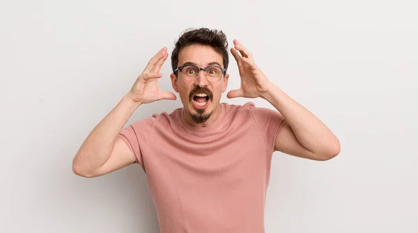 Hispanic Young Man Screaming Panic Anger Shocked Terrified Furious Hands — Stock Photo, Image