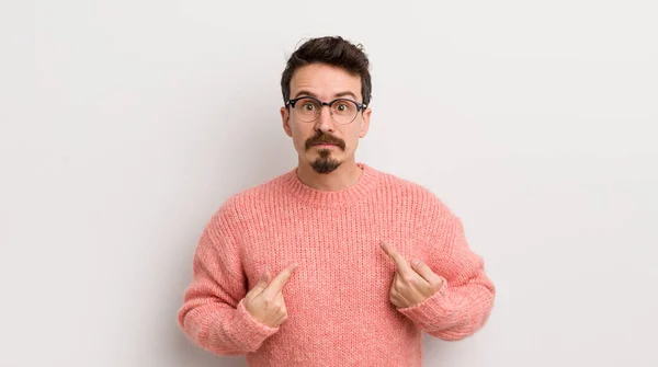 Hispanic Young Man Pointing Self Confused Quizzical Look Shocked Surprised — Stock Photo, Image