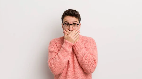 Hispanic Young Man Covering Mouth Hands Shocked Surprised Expression Keeping — Stock Photo, Image