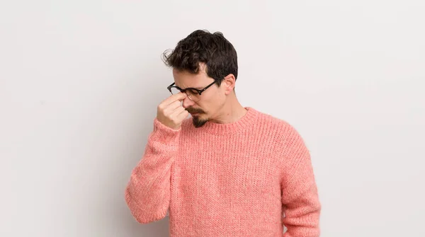 Hispanic Young Man Feeling Stressed Unhappy Frustrated Touching Forehead Suffering — Stock Photo, Image