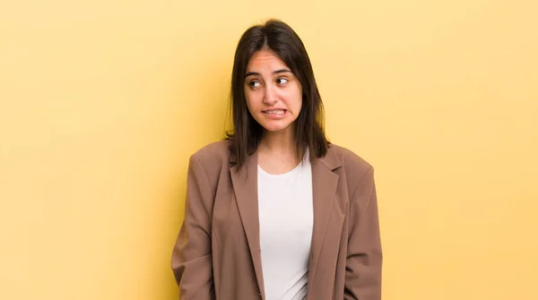 Young Hispanic Woman Looking Worried Stressed Anxious Scared Panicking Clenching — Stock Photo, Image