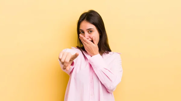 Young Hispanic Woman Laughing You Pointing Camera Making Fun Mocking — Stock Photo, Image