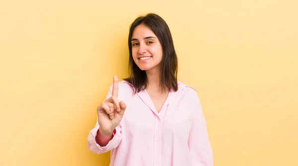 Young Hispanic Woman Smiling Proudly Confidently Making Number One Pose — Stock Photo, Image