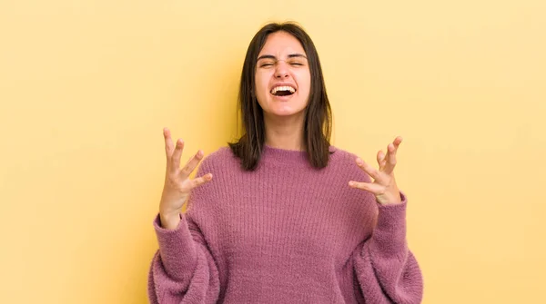 Young Hispanic Woman Furiously Screaming Feeling Stressed Annoyed Hands Air — Stock Photo, Image