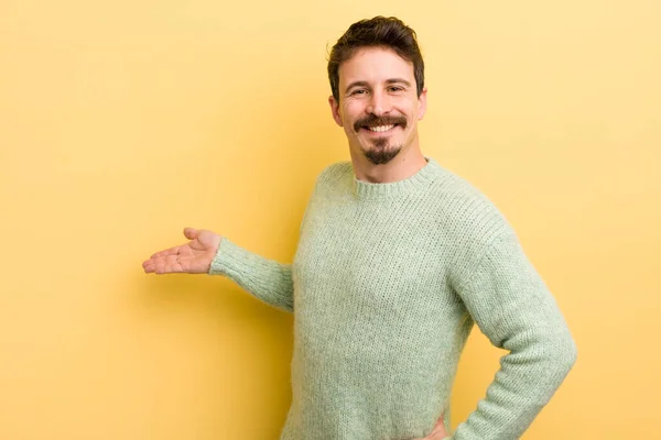 Young Hispanic Man Feeling Happy Cheerful Smiling Welcoming You Inviting — Stock Photo, Image