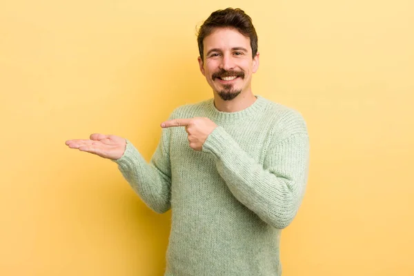 Young Hispanic Man Smiling Feeling Happy Carefree Satisfied Pointing Concept — Stock Photo, Image