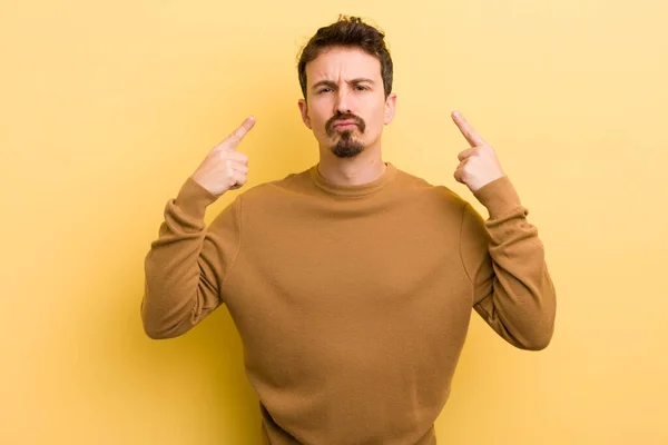 Young Hispanic Man Bad Attitude Looking Proud Aggressive Pointing Upwards — Stock Photo, Image