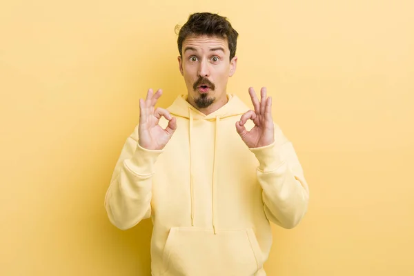 Young Hispanic Man Feeling Shocked Amazed Surprised Showing Approval Making — Stock Photo, Image