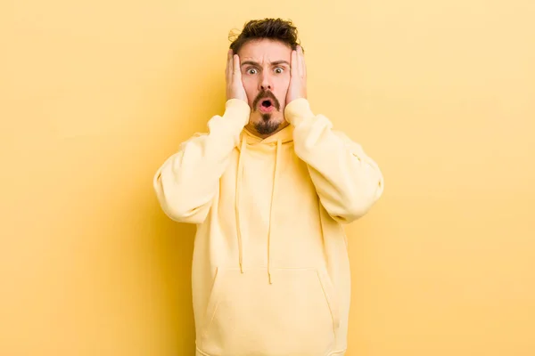 Young Hispanic Man Looking Unpleasantly Shocked Scared Worried Mouth Wide — Stock Photo, Image