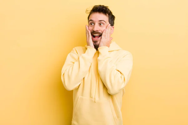 Young Hispanic Man Feeling Happy Excited Surprised Looking Side Both — Stock Photo, Image