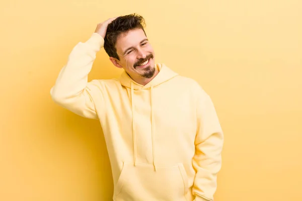 Young Hispanic Man Smiling Cheerfully Casually Taking Hand Head Positive — Stock Photo, Image