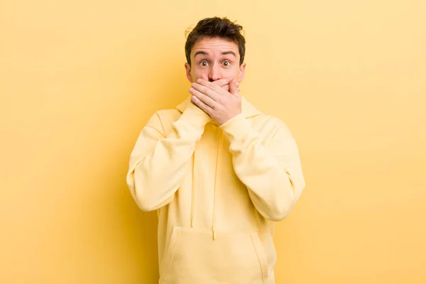 Young Hispanic Man Covering Mouth Hands Shocked Surprised Expression Keeping — Stock Photo, Image