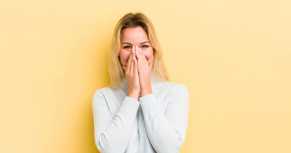 Blonde Caucasian Woman Looking Happy Cheerful Lucky Surprised Covering Mouth — Stockfoto