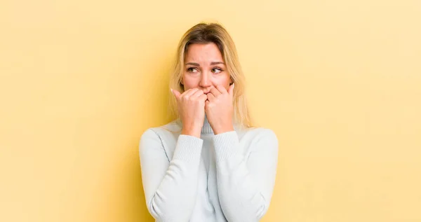 Blonde Caucasian Woman Looking Worried Anxious Stressed Afraid Biting Fingernails — Stockfoto
