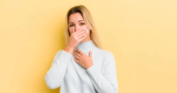 Blonde Caucasian Woman Feeling Ill Sore Throat Flu Symptoms Coughing — Stock Photo, Image