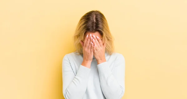 Blonde Caucasian Woman Feeling Sad Frustrated Nervous Depressed Covering Face — Stockfoto