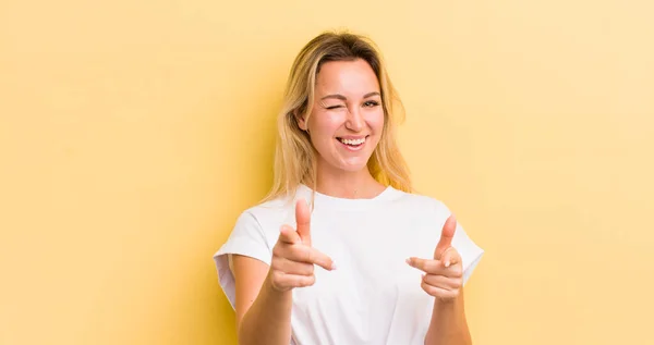 Blonde Caucasian Woman Feeling Happy Cool Satisfied Relaxed Successful Pointing — Stockfoto