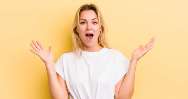Blonde Caucasian Woman Looking Happy Excited Shocked Unexpected Surprise Both — Stockfoto