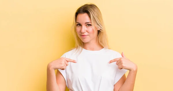 Blonde Caucasian Woman Looking Proud Positive Casual Pointing Chest Both — Stock Photo, Image