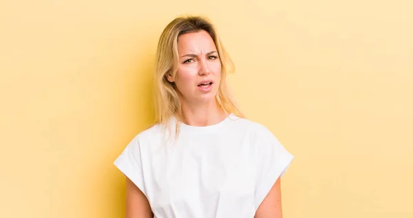Blonde Caucasian Woman Feeling Puzzled Confused Dumb Stunned Expression Looking — Stockfoto