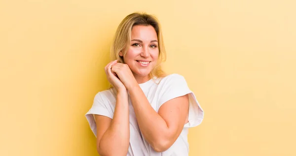 Blonde Caucasian Woman Feeling Love Looking Cute Adorable Happy Smiling — Stock Photo, Image