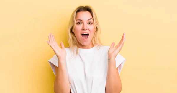 Blonde Caucasian Woman Feeling Shocked Excited Laughing Amazed Happy Because — Stock Photo, Image