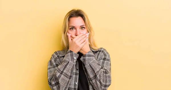 Blonde Caucasian Woman Covering Mouth Hands Shocked Surprised Expression Keeping — Stockfoto
