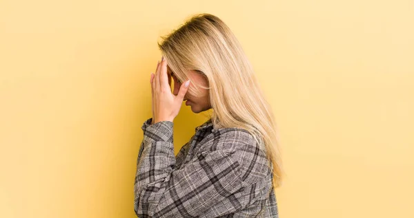 Blonde Caucasian Woman Covering Eyes Hands Sad Frustrated Look Despair — Stockfoto