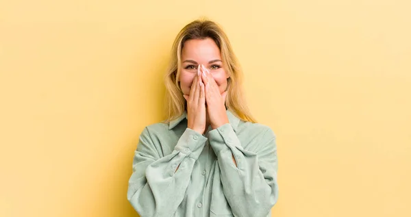 Blonde Caucasian Woman Looking Happy Cheerful Lucky Surprised Covering Mouth — Stockfoto