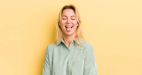 Blonde Caucasian Woman Cheerful Carefree Rebellious Attitude Joking Sticking Tongue — Stockfoto