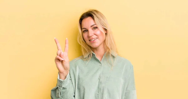 Blonde Caucasian Woman Smiling Looking Friendly Showing Number Two Second — Stock Photo, Image