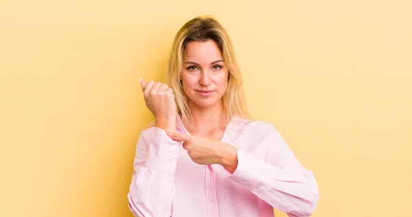 Blonde Caucasian Woman Looking Impatient Angry Pointing Watch Asking Punctuality — Stockfoto