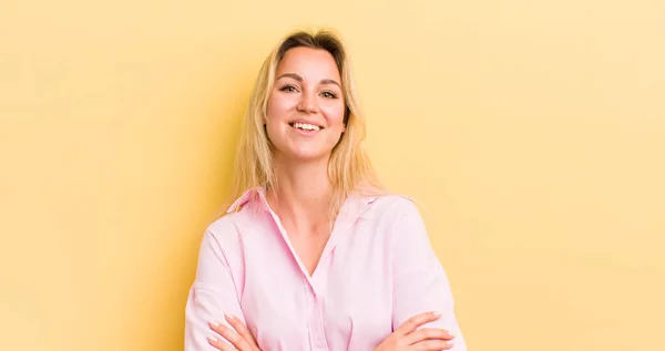 Blonde Caucasian Woman Looking Happy Proud Satisfied Achiever Smiling Arms — Stock Photo, Image