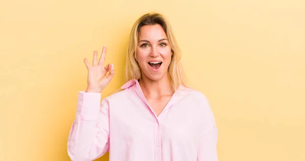 Blonde Caucasian Woman Feeling Successful Satisfied Smiling Mouth Wide Open — Stockfoto